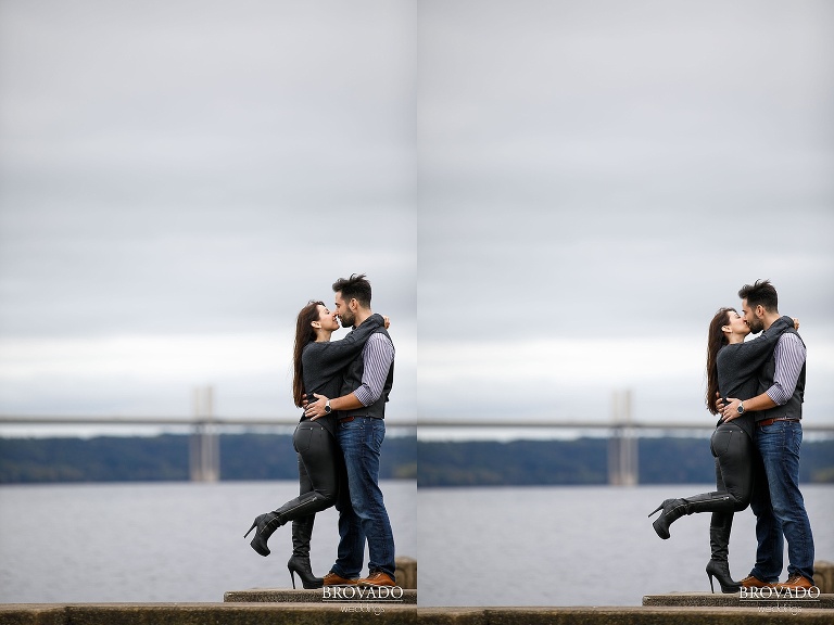 Diptych of Yevgenia and Eugene kissing in front of st croix river